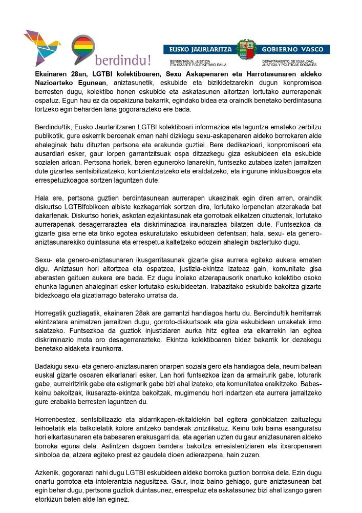 Imagen Día Internacional por la Liberación Sexual y el Orgullo del Colectivo LGTBI. Manifiesto elaborado por el Gobierno Vasco