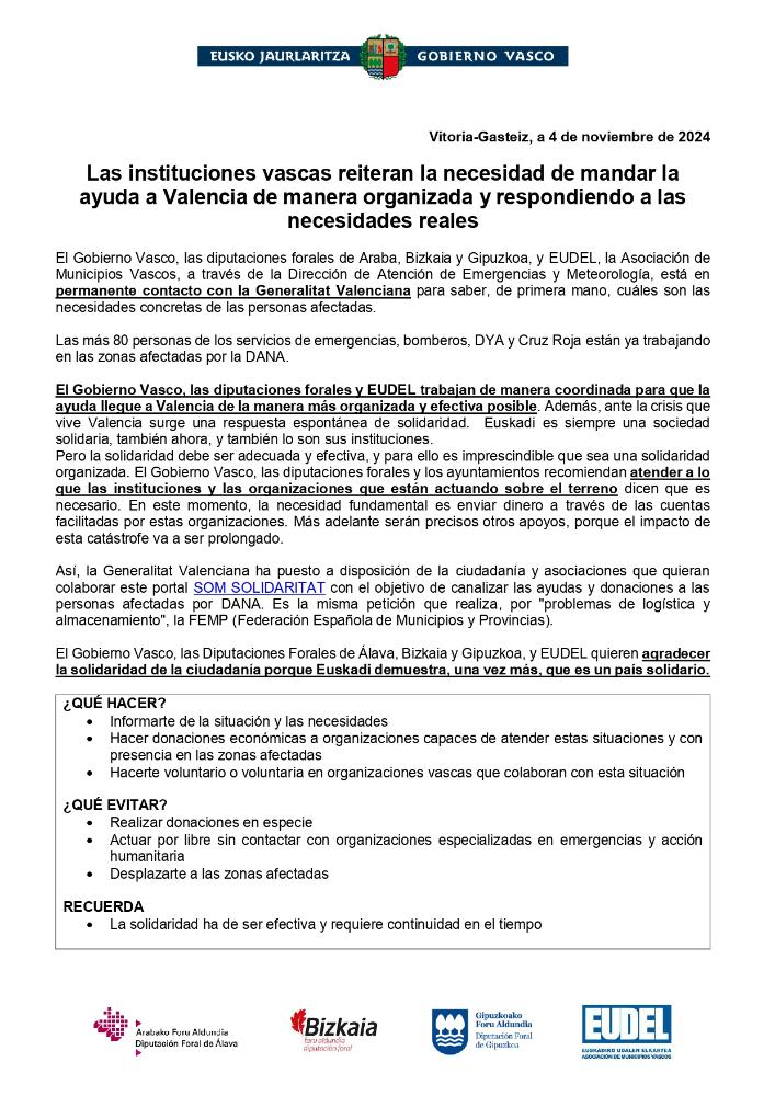 Imagen Con motivo de lo acontecido en Valencia, se comunica que se sigue trabajando para que la solidaridad mostrada sea canalizada de la manera más organizada y efectiva posible