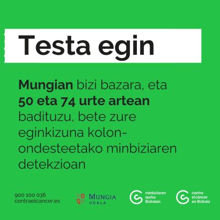 Irudia Minbiziaren Aurkako Elkarteak eta Mungiako Udalak kolon eta ondesteko minbizia prebenitzeko proba egitera animatzen dituzte herritarrak